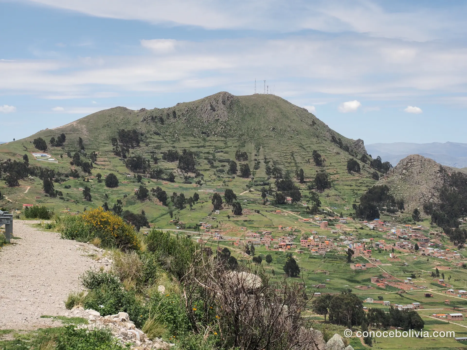 Vista aérea de Copacabana desde el Cerro Calvario, con el pueblo y el lago Titicaca
