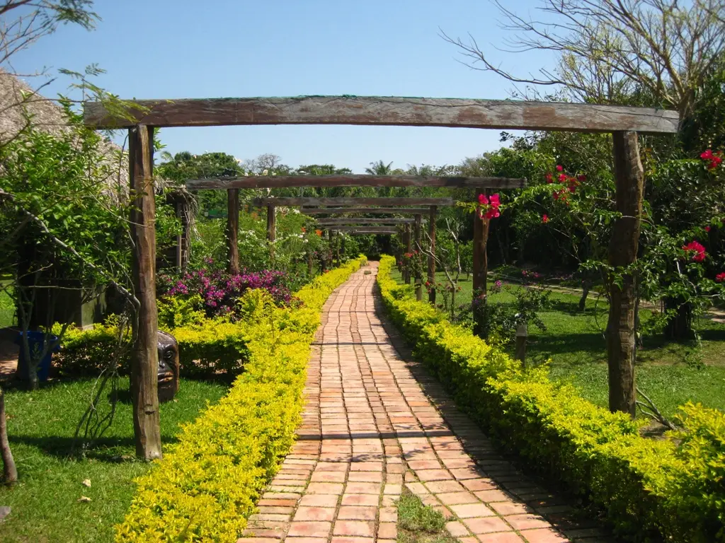 Sendero de ladrillo bajo pérgolas de madera entre jardines en el Biocentro Güembé